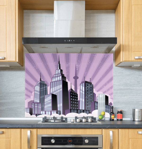 Art Deco Skyline Glass Splashback Purple